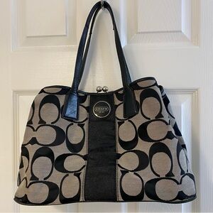 Coach Signature Jacquard Kisslock Satchel Black & Grey Leather Trim Shoulder Bag